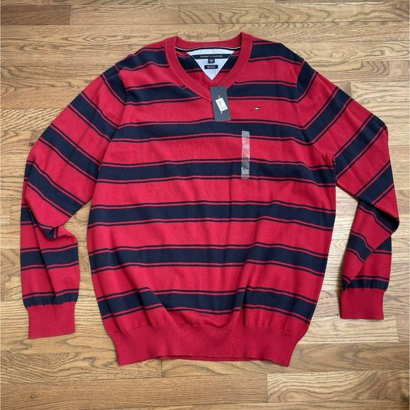 Tommy Hilfiger Other - Tommy Hilfiger Pima Cotton V-Neck Sweater Mens XXL Red & Blue Stripe NWT